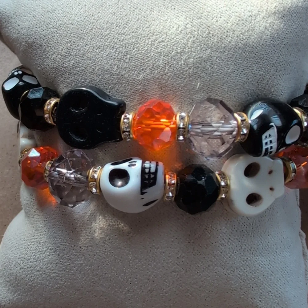 Halloween Gothic Skull Bead Bracelet Set - Black, White, Orange Set
